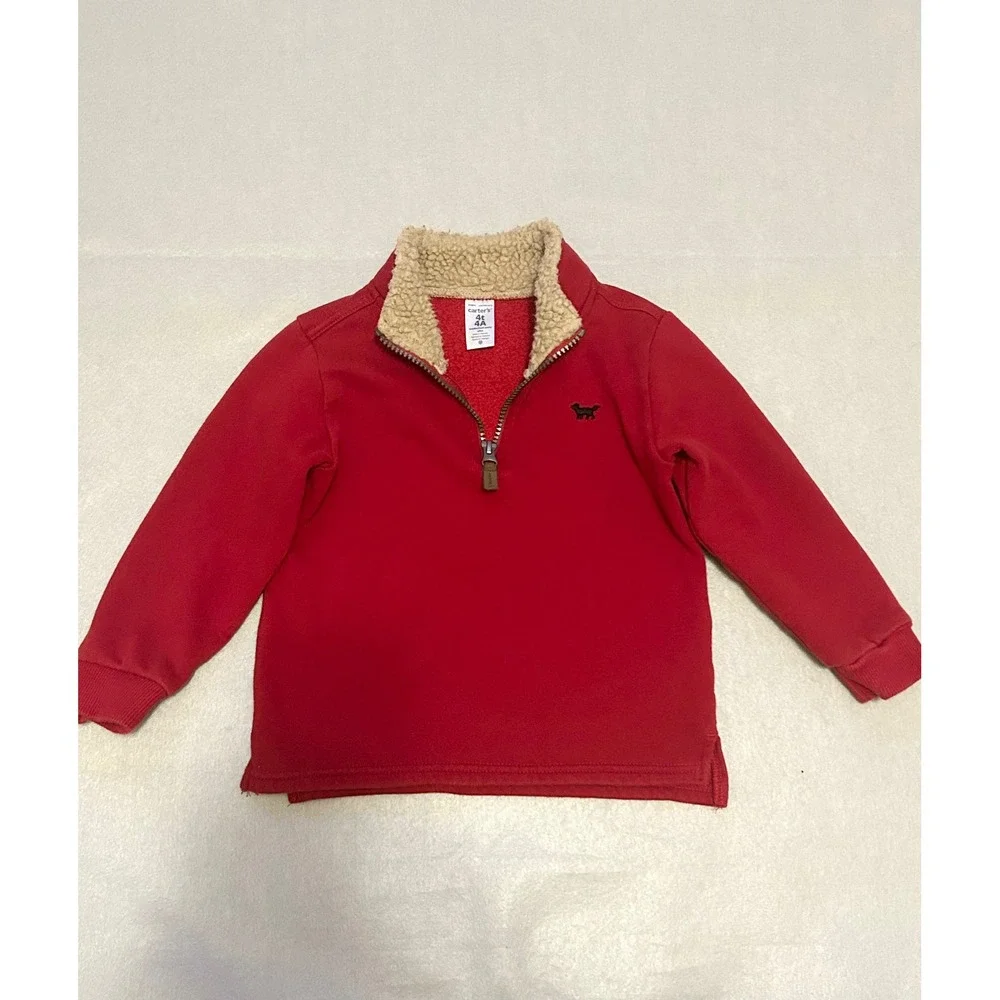 Carters Toddler Boys Red Sherpa Lined Quarter Zip Fleece Sweatshirt 4T Dog Logo
